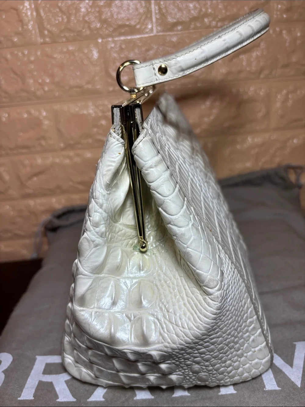 Brahmin White Pearlescent Croc-Embossed Kiss Lock Frame Satchel with Top Handle
